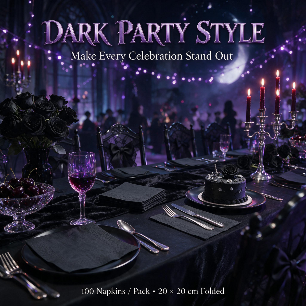 Black square paper napkins dark party table setting