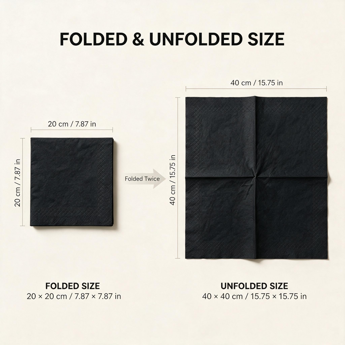 Black square napkins folded 20 × 20 cm and unfolded 40 × 40 cm
