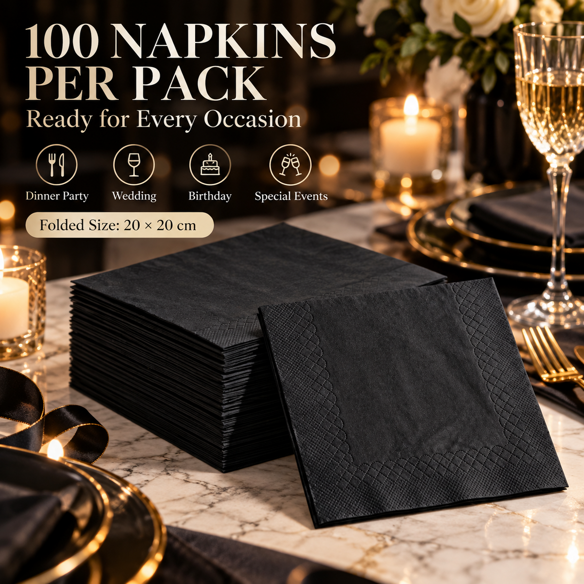 Black square paper napkins 100 pack, folded 20 × 20 cm