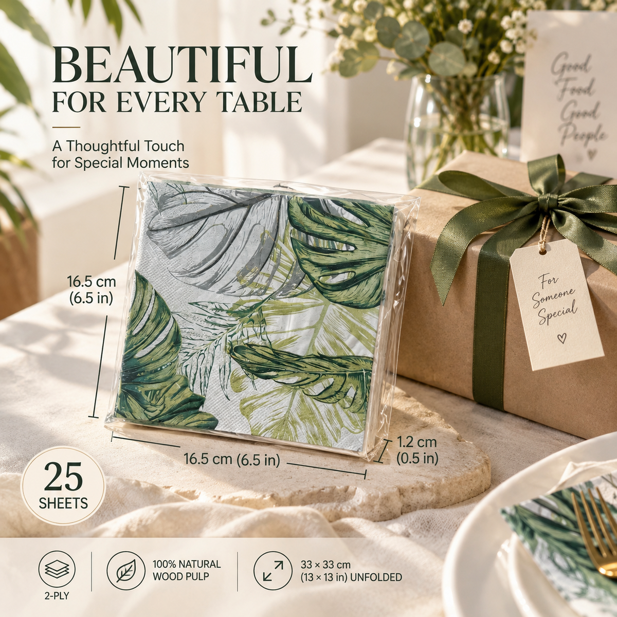 Botanical monstera leaf paper napkins gift-ready pack with size and material details