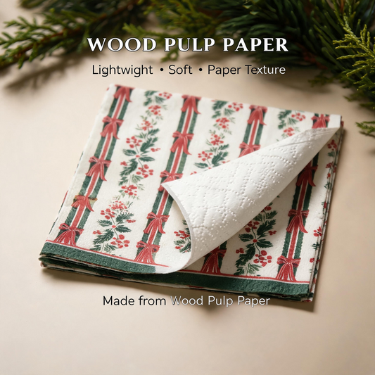 Christmas ribbon and holly paper napkins wood pulp detail