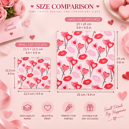 Pink lips and hearts paper napkins folded 12.5 cm and unfolded 25 cm size comparison