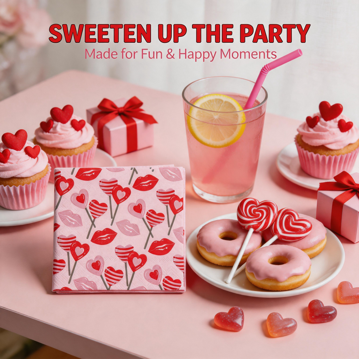 Pink lips and hearts paper napkins in a sweet candy party setting