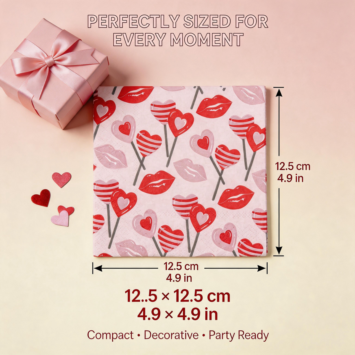 Pink lips and hearts paper napkins folded size 12.5 by 12.5 cm