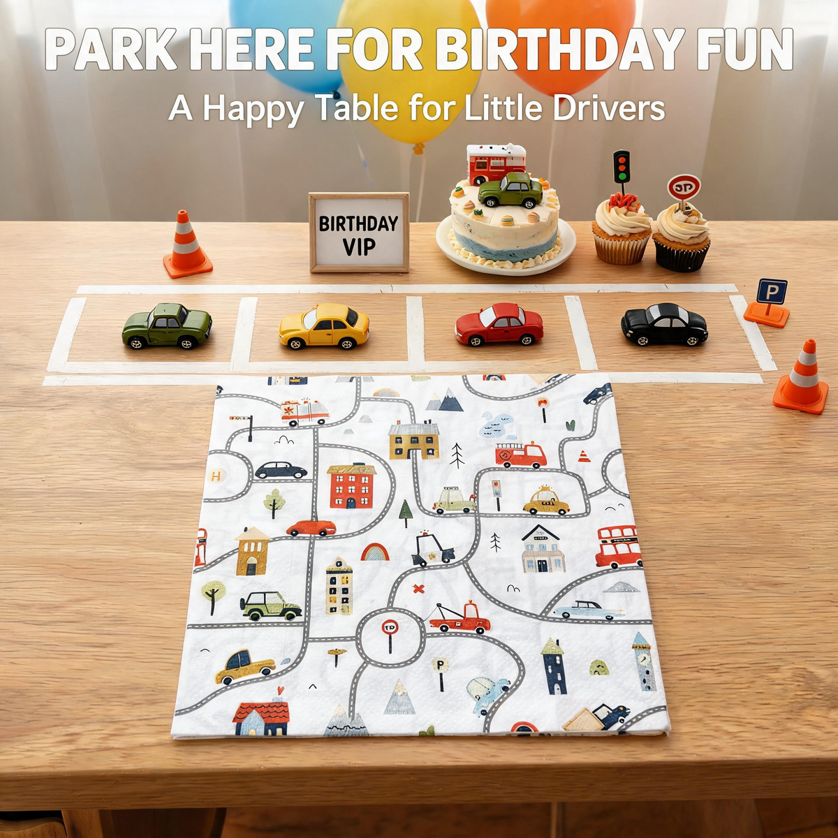 Little Driver birthday paper napkins with toy cars and birthday table setting