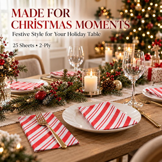 Red and white striped napkins on a Christmas table