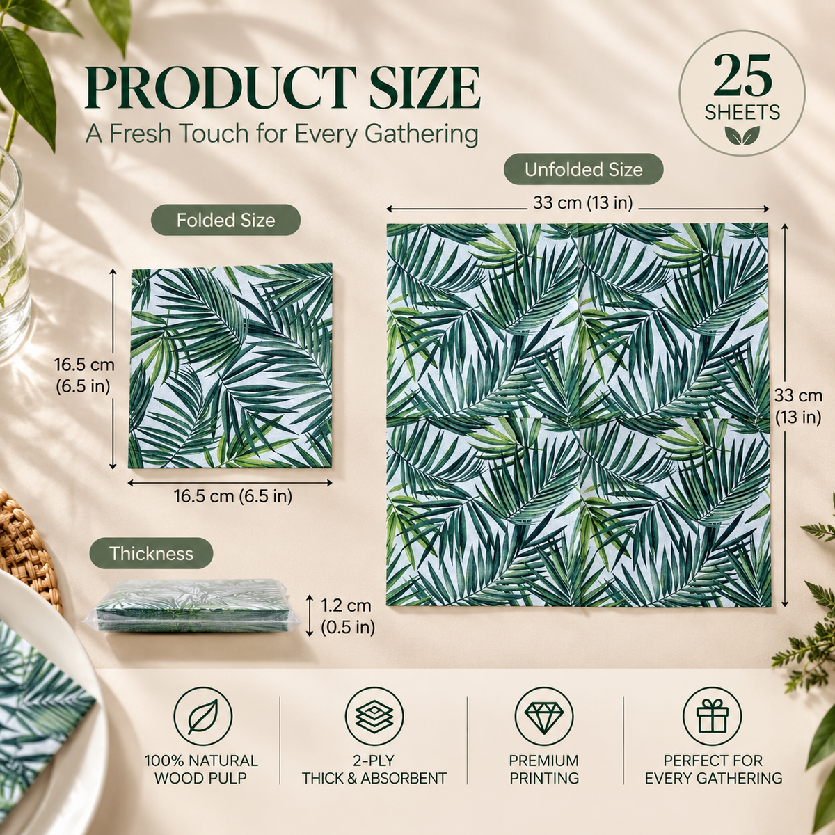 Tropical palm leaf paper napkins folded and unfolded size guide