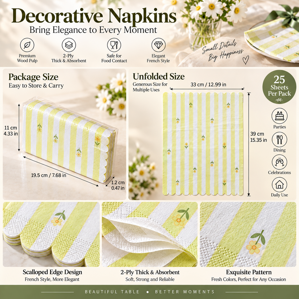 Yellow floral striped scalloped edge paper napkins product details