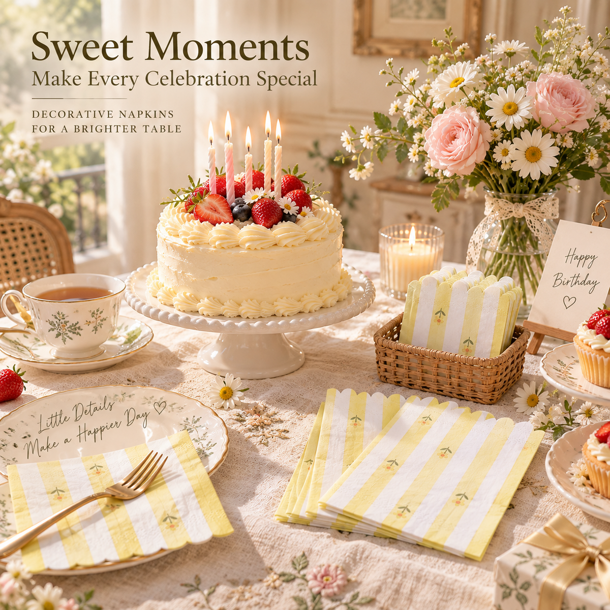 Yellow floral scalloped paper napkins for birthday party