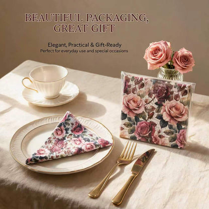 Vintage rose floral napkins lifestyle image