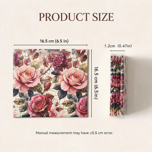 Vintage Rose Floral Paper Napkins – 25 Napkins | 6.5 × 6.5 in