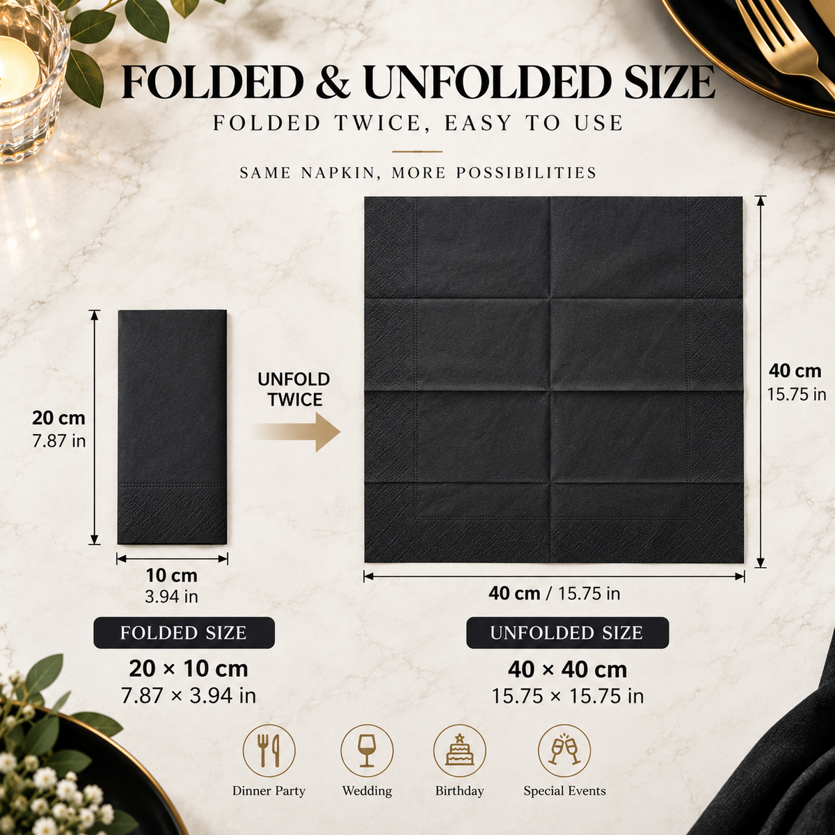 Black rectangular paper napkins 100 pack, folded 20 × 10 cm