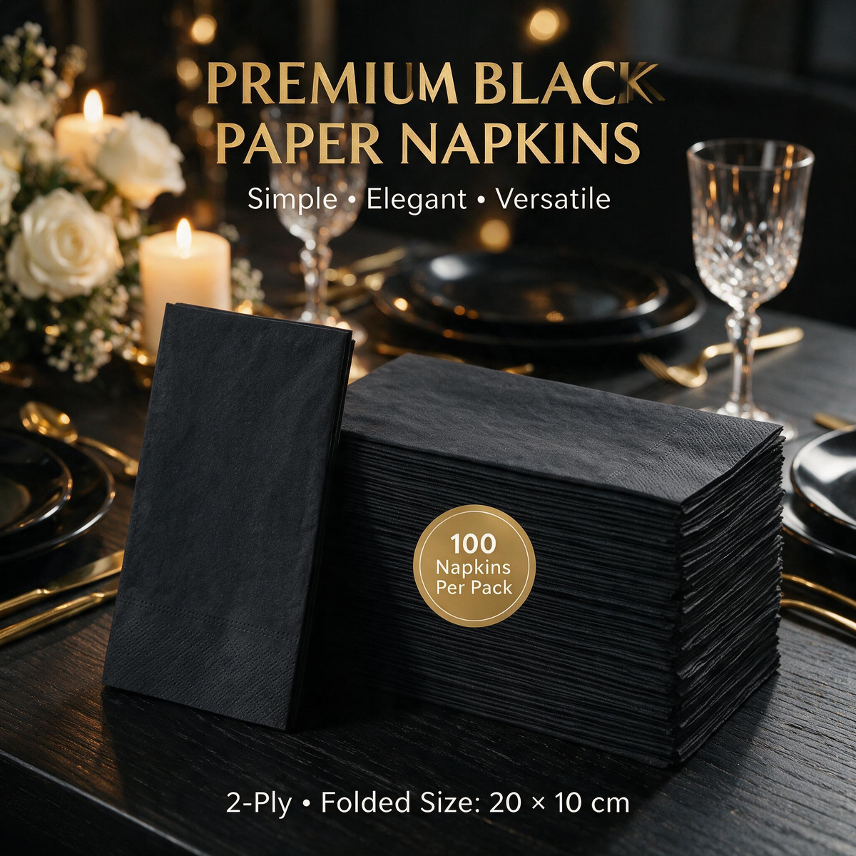 Black rectangular paper napkins folded 20 × 10 cm and unfolded 40 × 40 cm