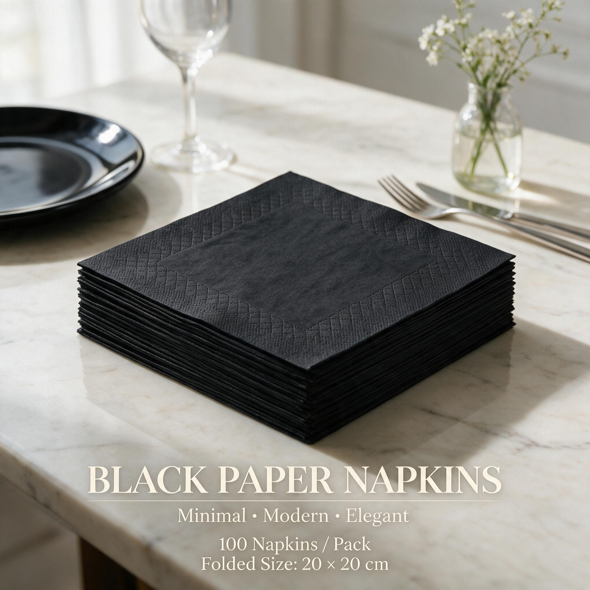 Black square paper napkins minimal modern table setting
