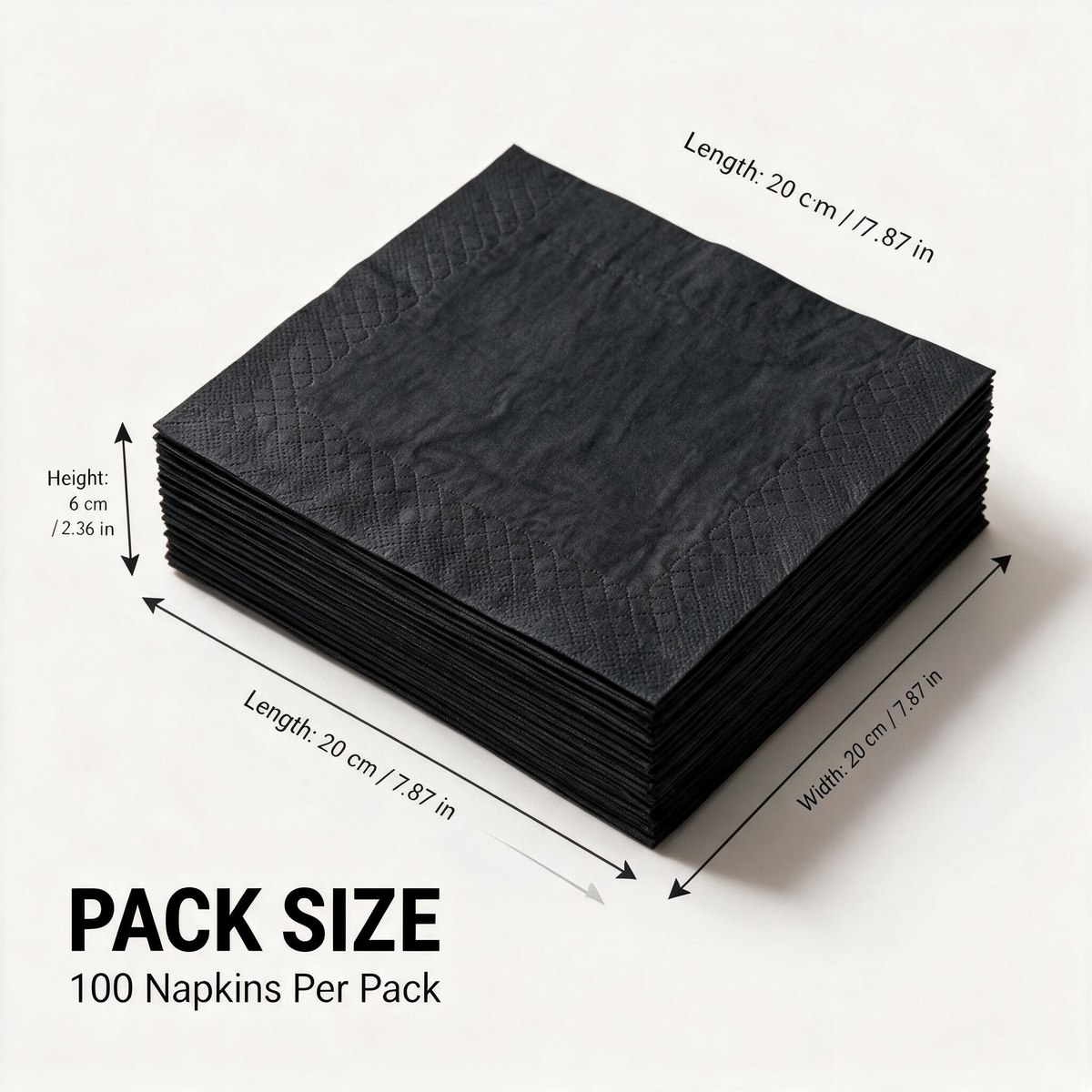 Black square napkins pack size 20 × 20 × 6 cm