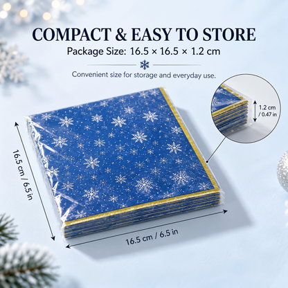 Blue snowflake paper napkins package size 16.5 by 16.5 by 1.2 cm