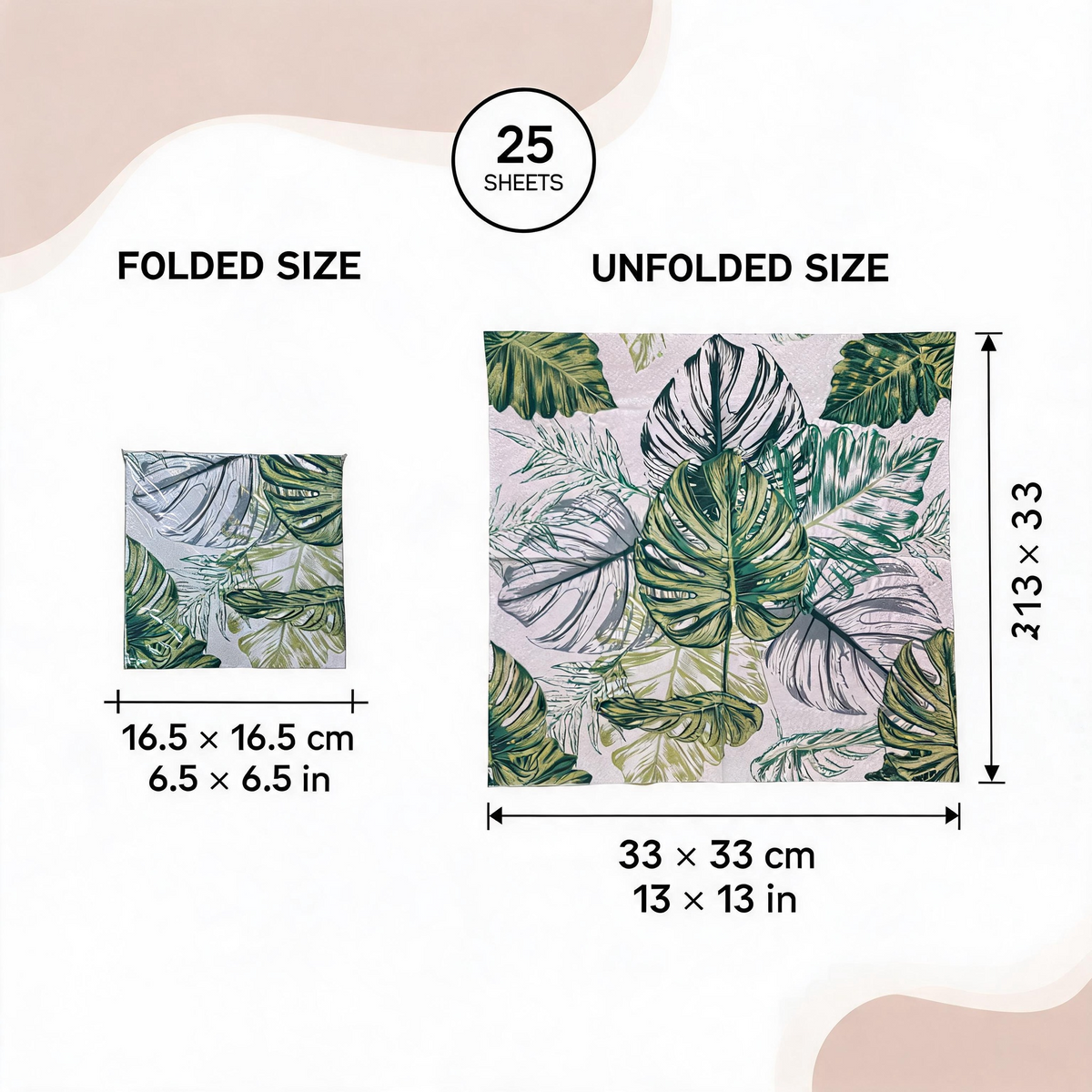 Botanical monstera paper napkins folded and unfolded size guide