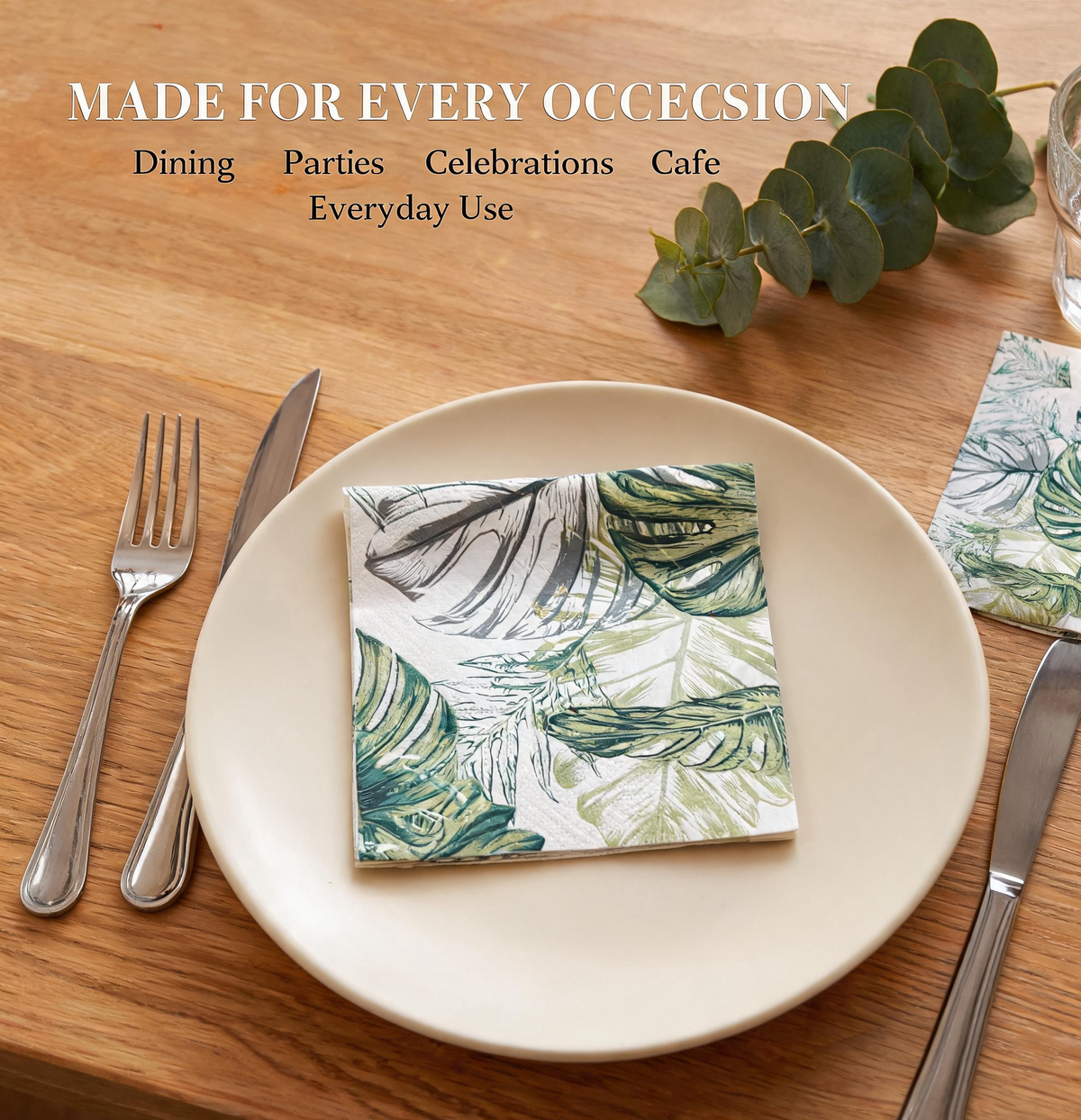 Botanical monstera paper napkin on a dining plate