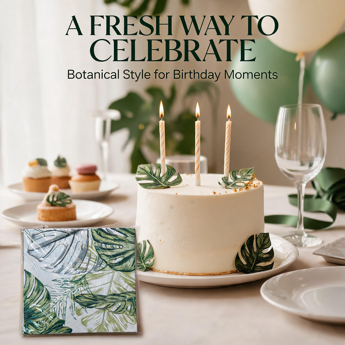 Botanical monstera paper napkins for a green birthday table setting