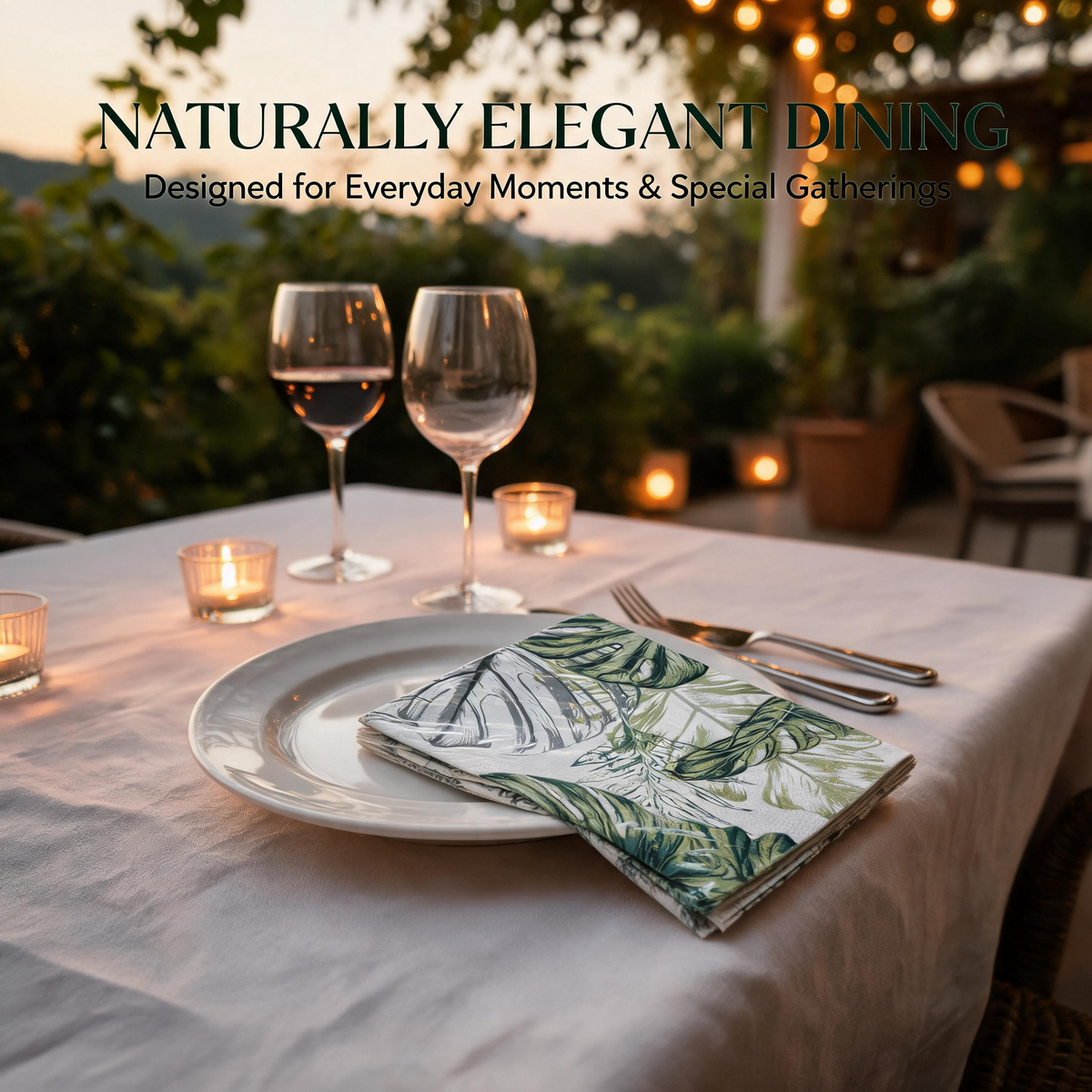 Botanical monstera paper napkins elegant outdoor evening dining