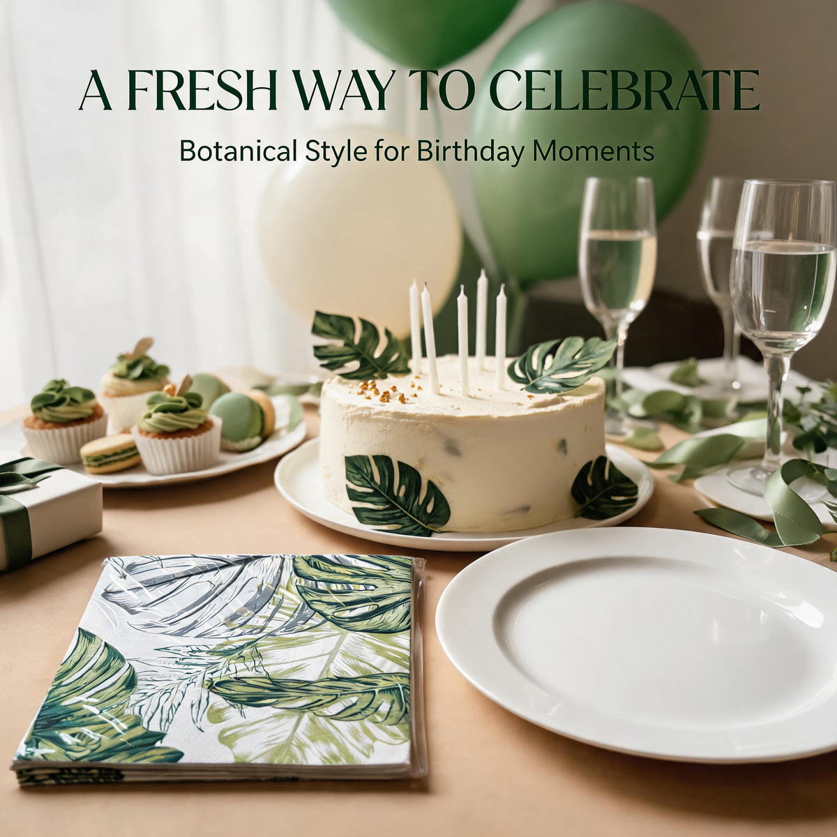 Botanical monstera paper napkins beside green birthday cake and tableware