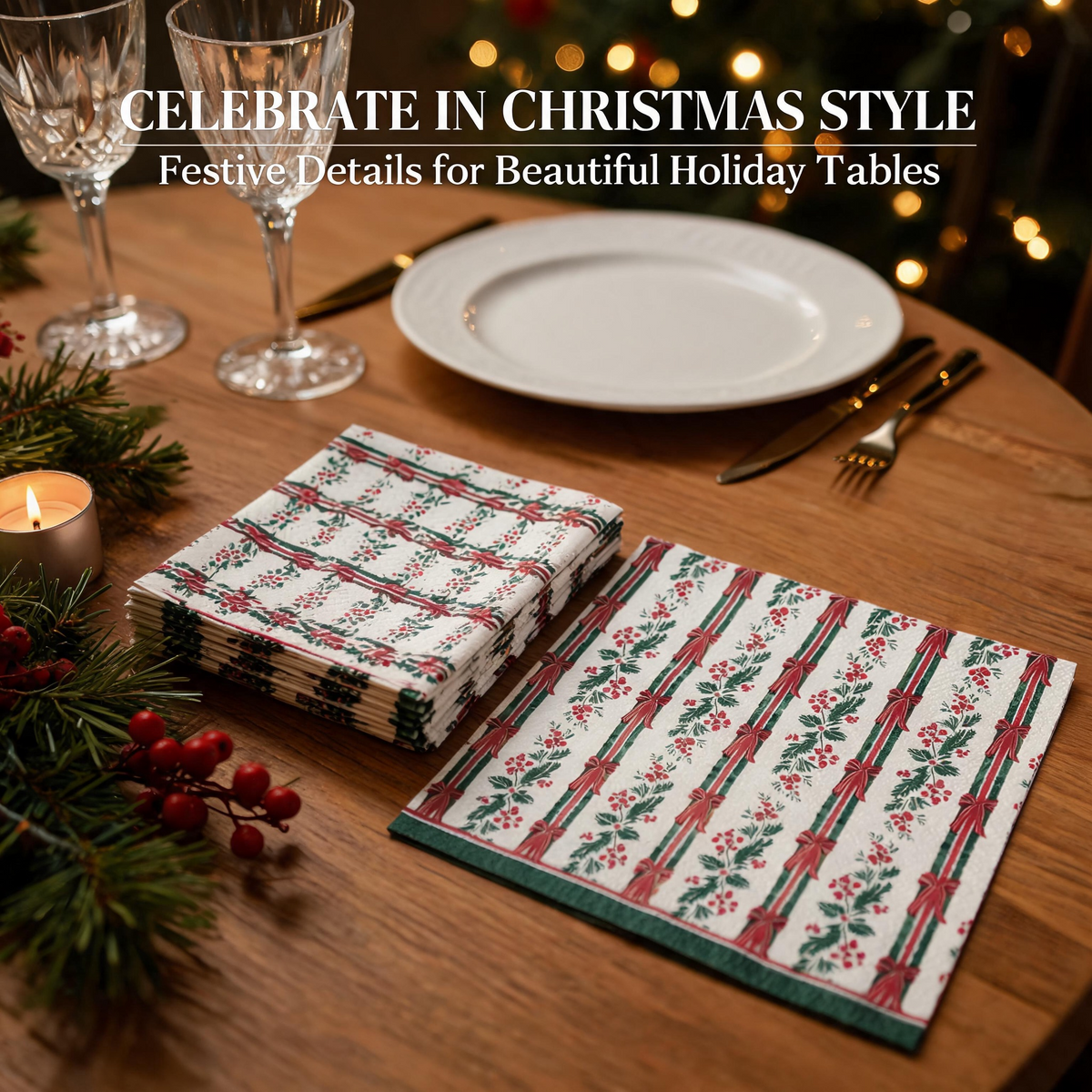 Christmas ribbon and holly paper napkins holiday table setting