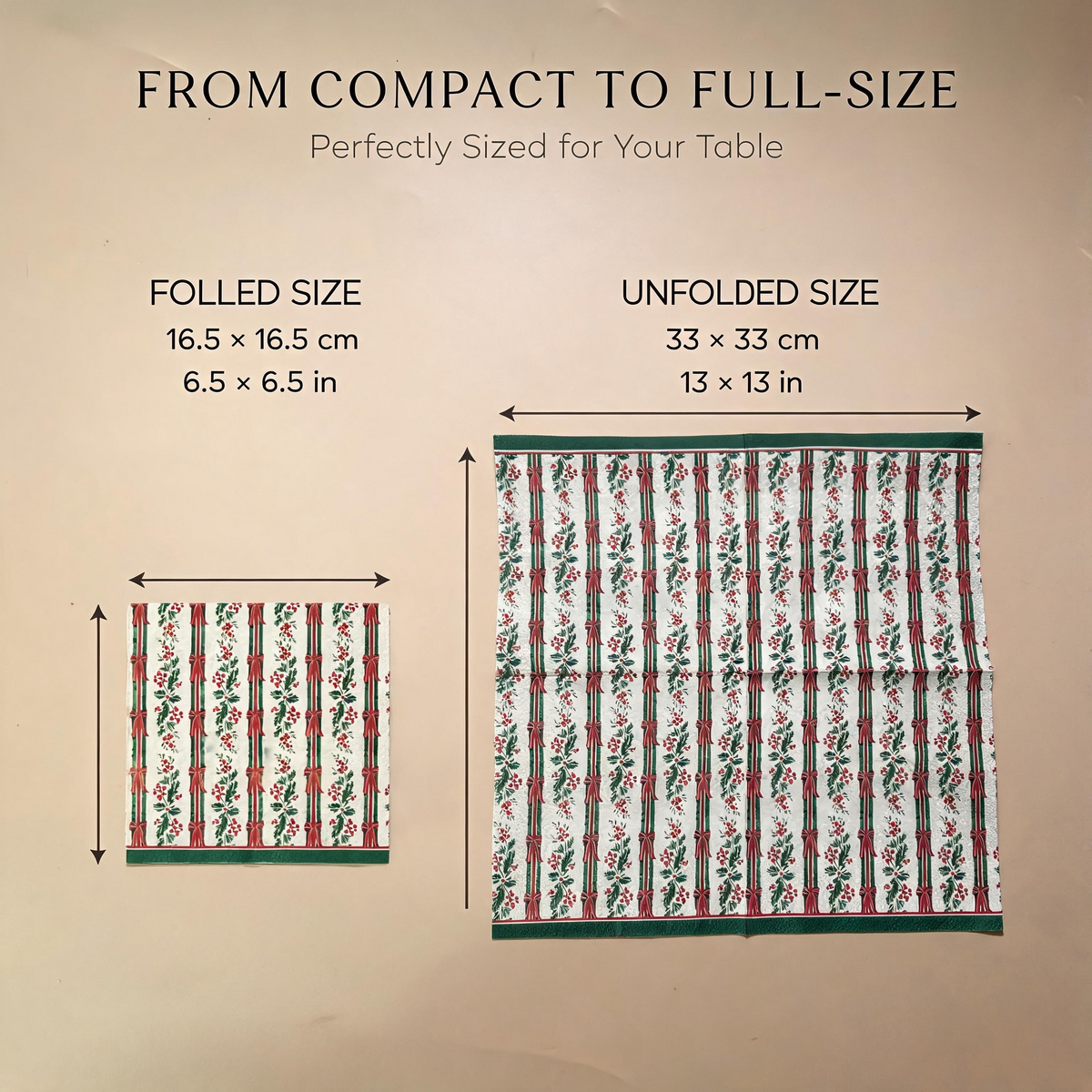 Christmas paper napkins folded and unfolded size guide