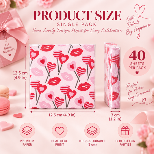 Pink lips and hearts paper napkins single pack size and 40 napkins per pack