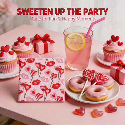 Pink lips and hearts paper napkins in a sweet candy party setting