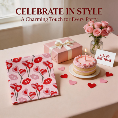 Pink lips and hearts paper napkins with birthday cake, roses and gift box