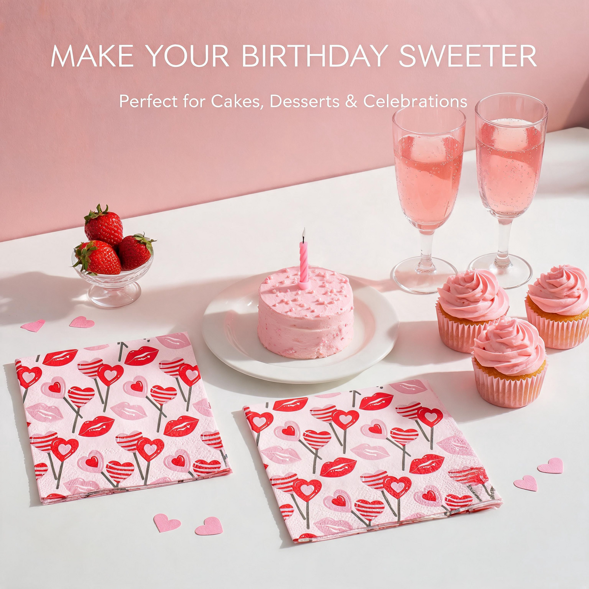 Pink lips and hearts paper napkins with birthday cake, cupcakes and sparkling drinks