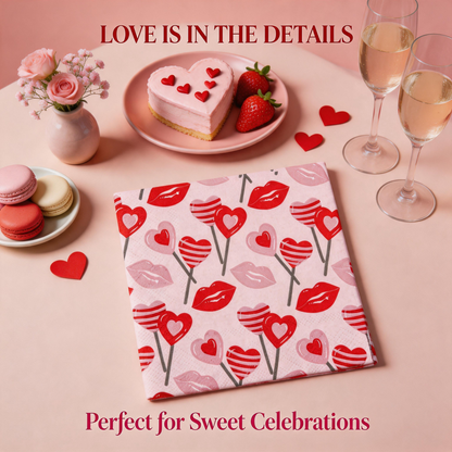 Pink lips and hearts paper napkins in a romantic heart-themed celebration setting