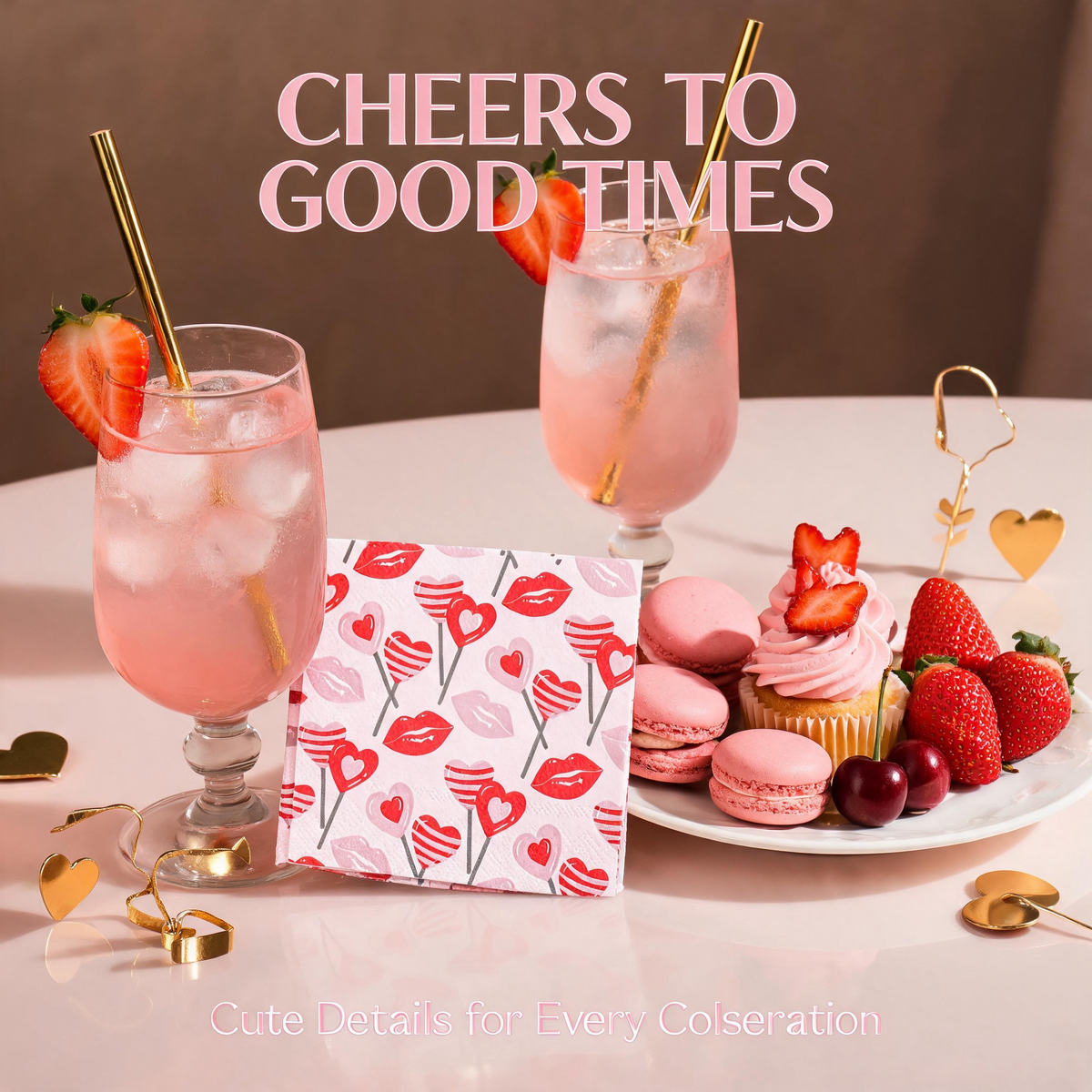 Pink lips and hearts paper napkins with strawberry drinks, macarons and party desserts