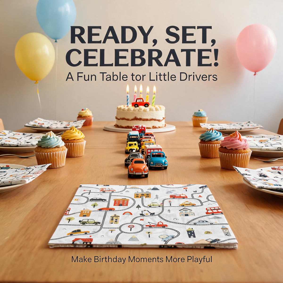 Kids car themed birthday party with road print napkins