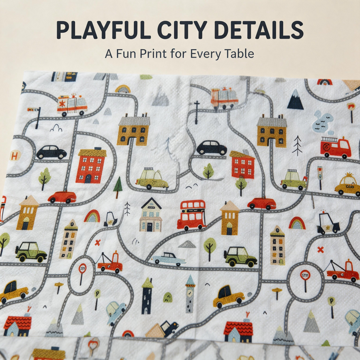 Close-up of playful city road and vehicle print paper napkin