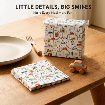 Little Driver car road print napkins in bright family table setting