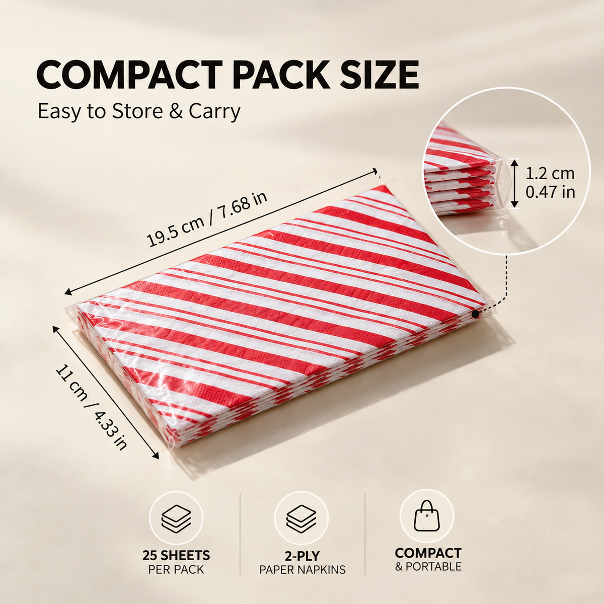 Red and white striped napkin pack dimensions