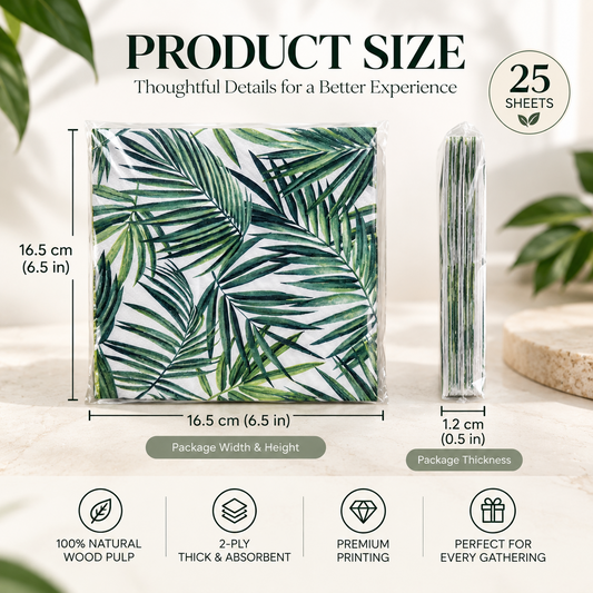 Tropical palm leaf paper napkins 25-sheet package size and thickness