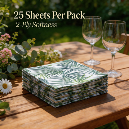 Tropical palm leaf paper napkins on an outdoor garden table