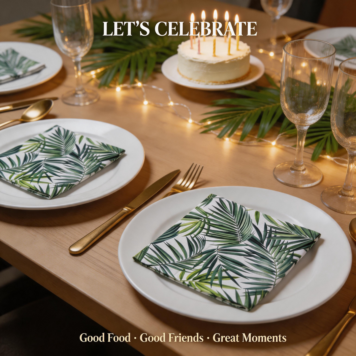 Tropical palm leaf paper napkins for a birthday dinner table