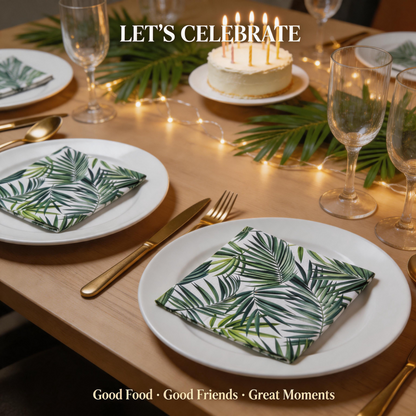 Tropical palm leaf paper napkins for a birthday dinner table