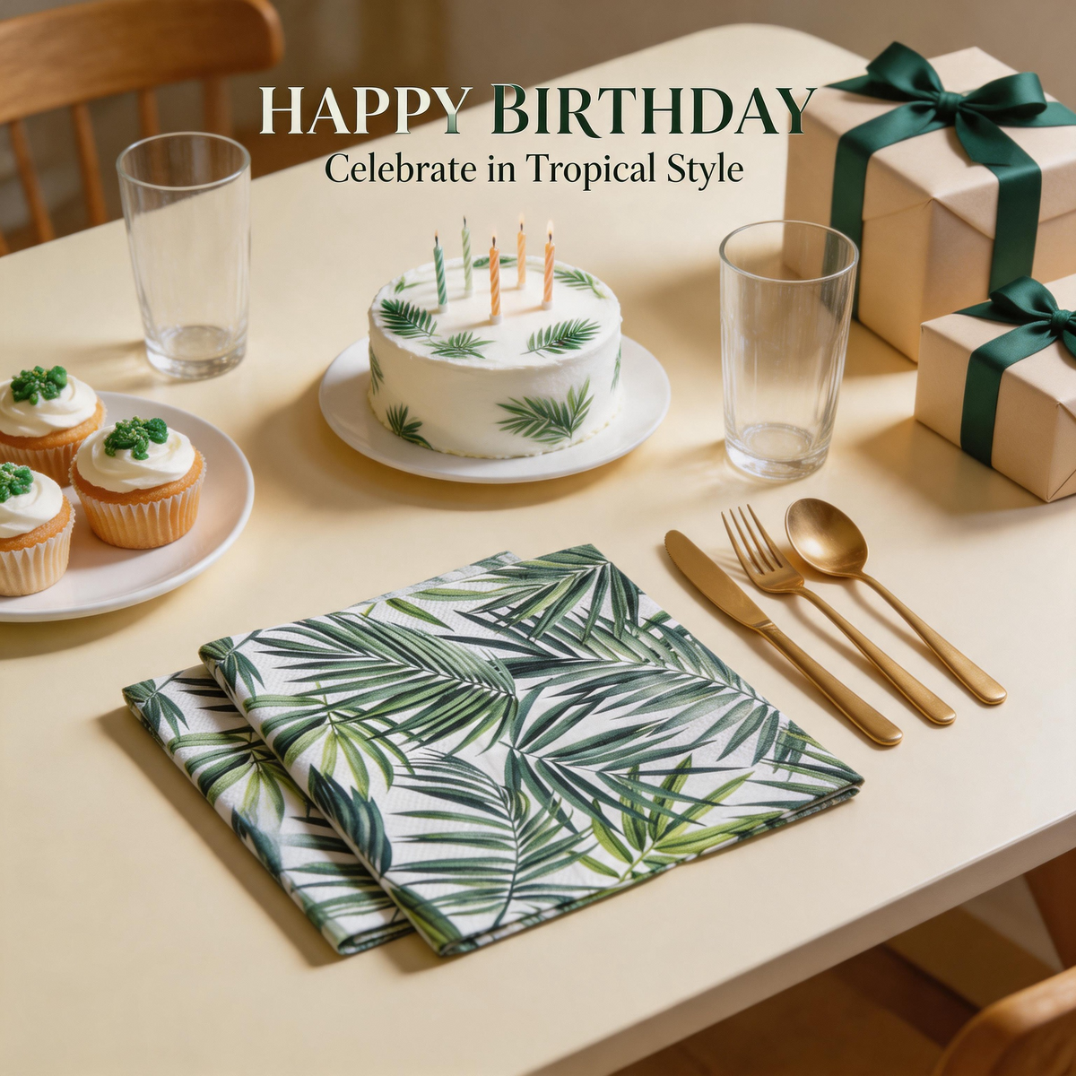 Tropical palm leaf paper napkins with birthday cake and green gift boxes
