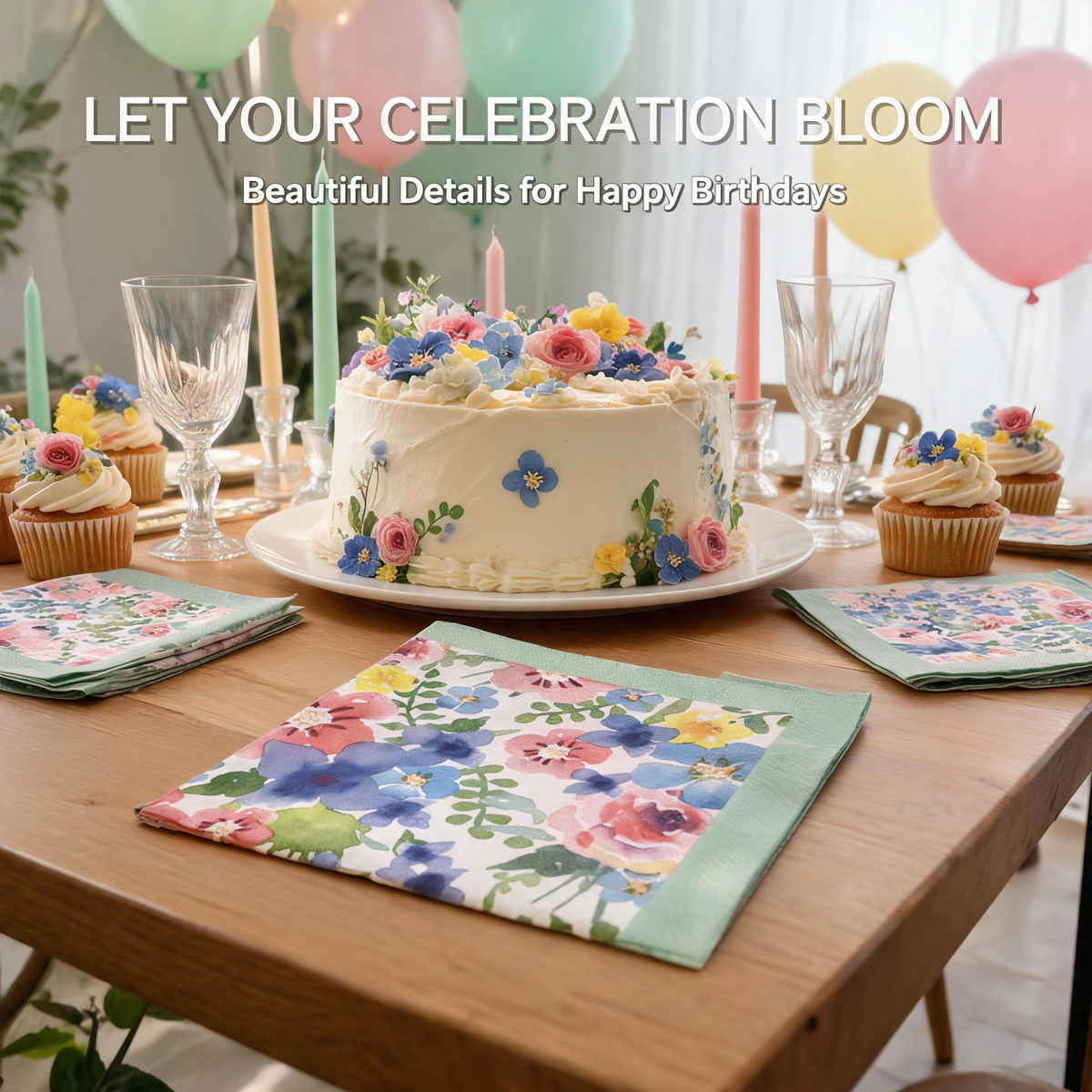 Watercolor floral paper napkins for a cheerful birthday party table