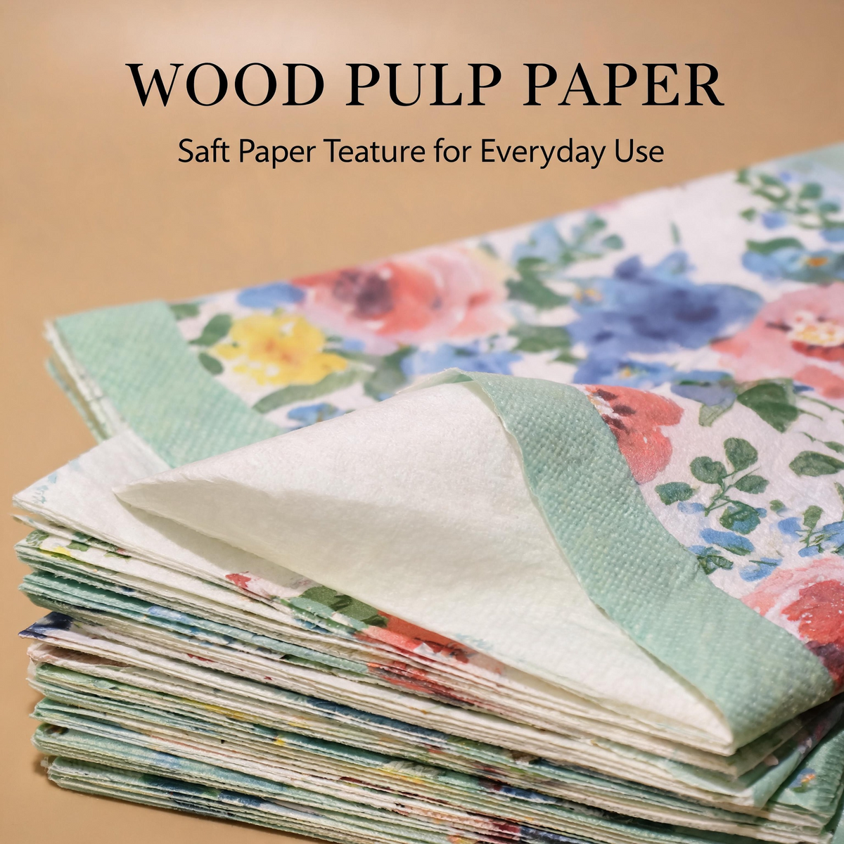 Fully unfolded watercolor floral paper napkin with mint green border