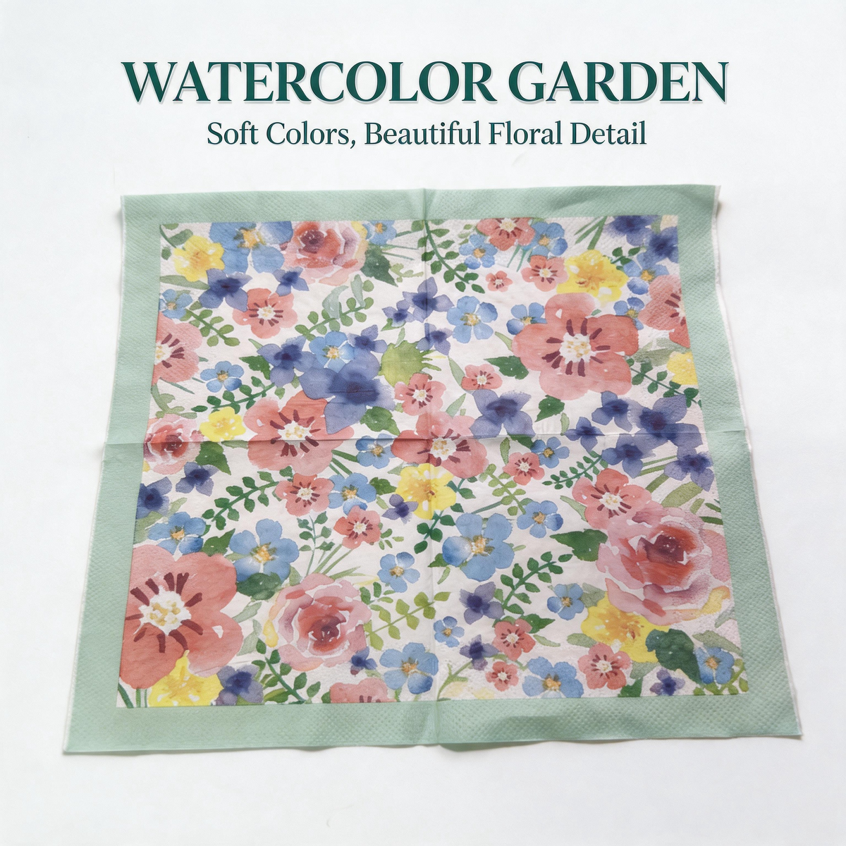 Watercolor floral paper napkin in a bright garden picnic scene