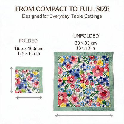 Folded and unfolded size comparison for watercolor floral paper napkins