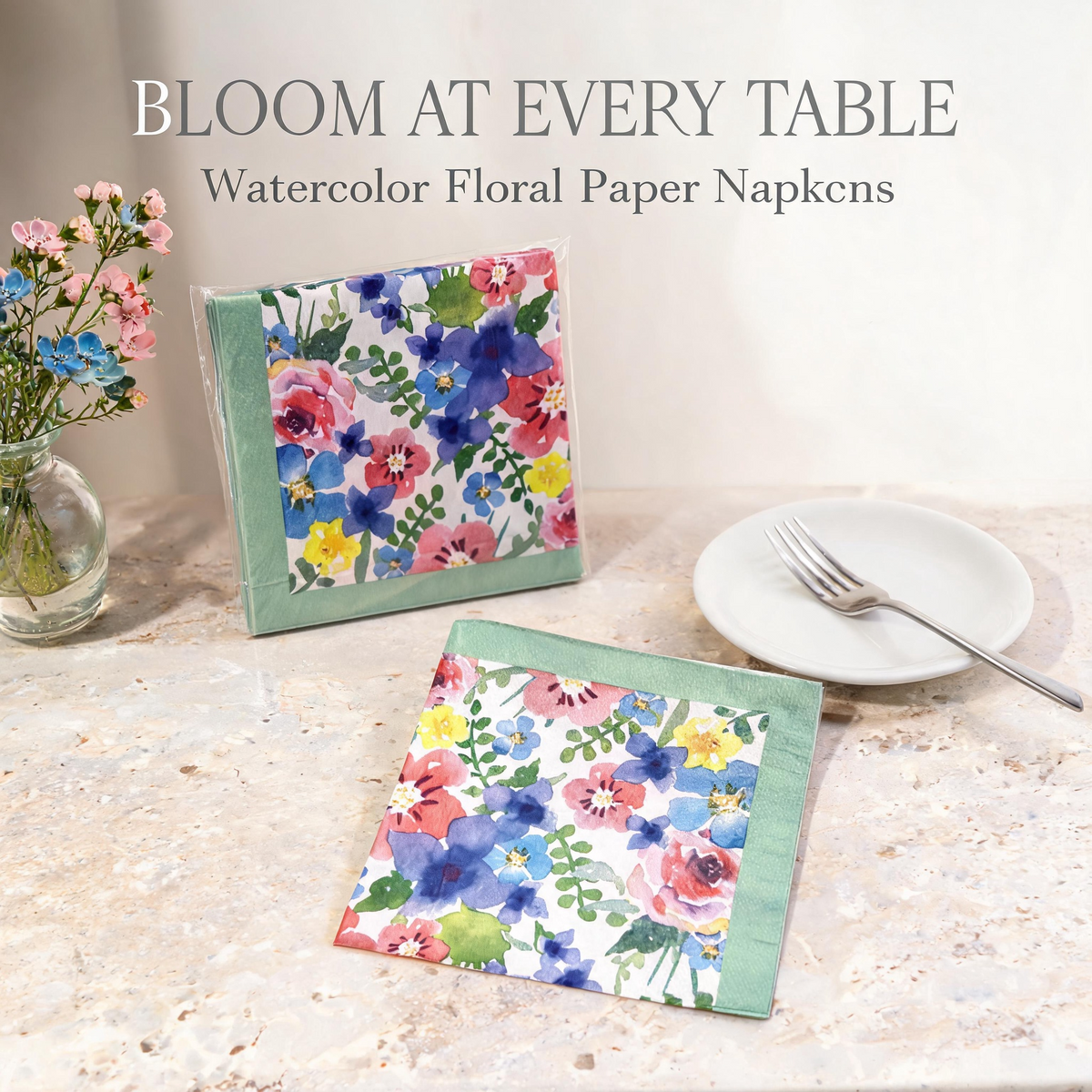 Watercolor floral paper napkins in an elegant table setting