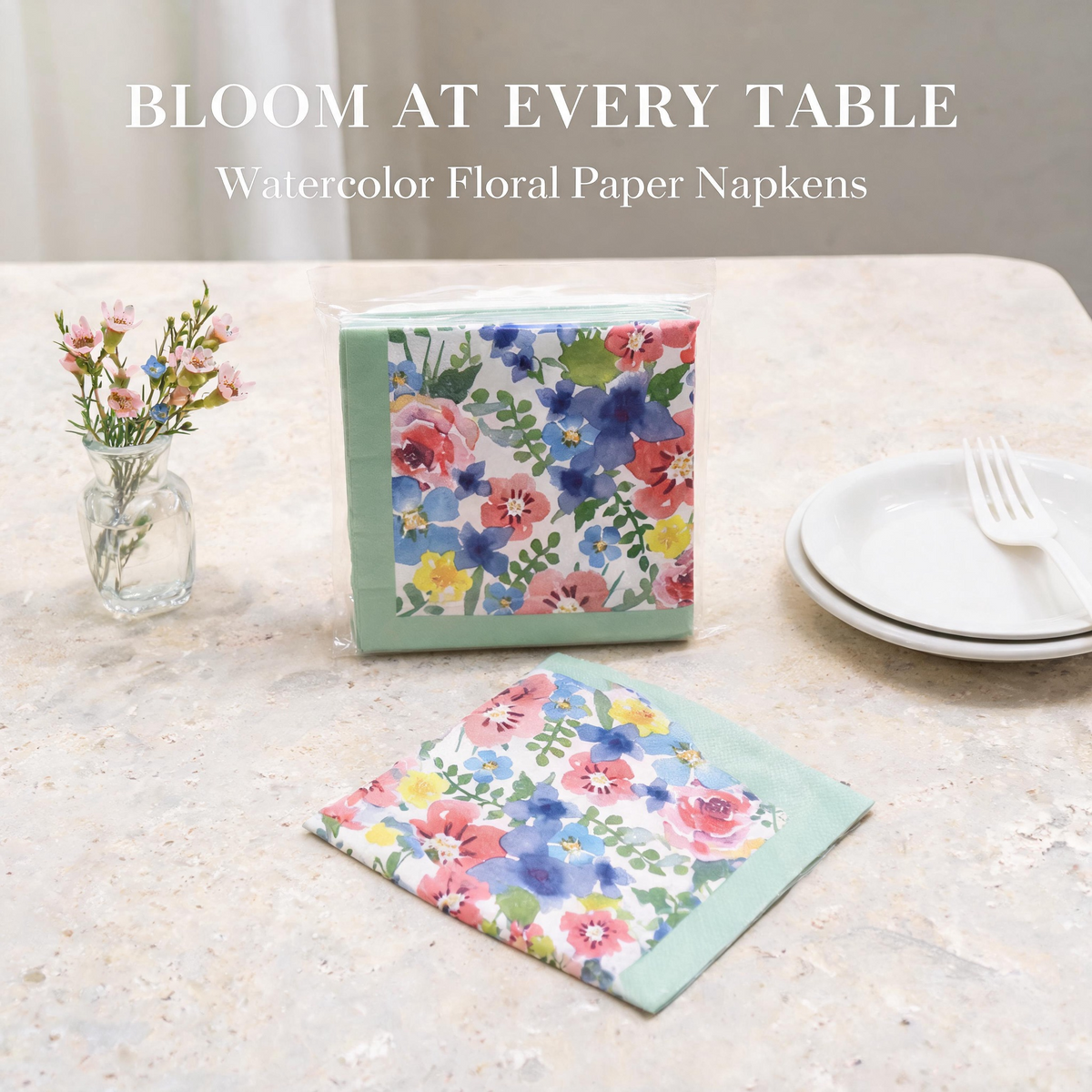 Watercolor floral paper napkins with mint green border