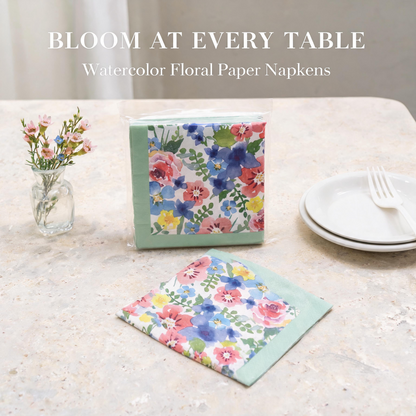 Watercolor floral paper napkins with mint green border