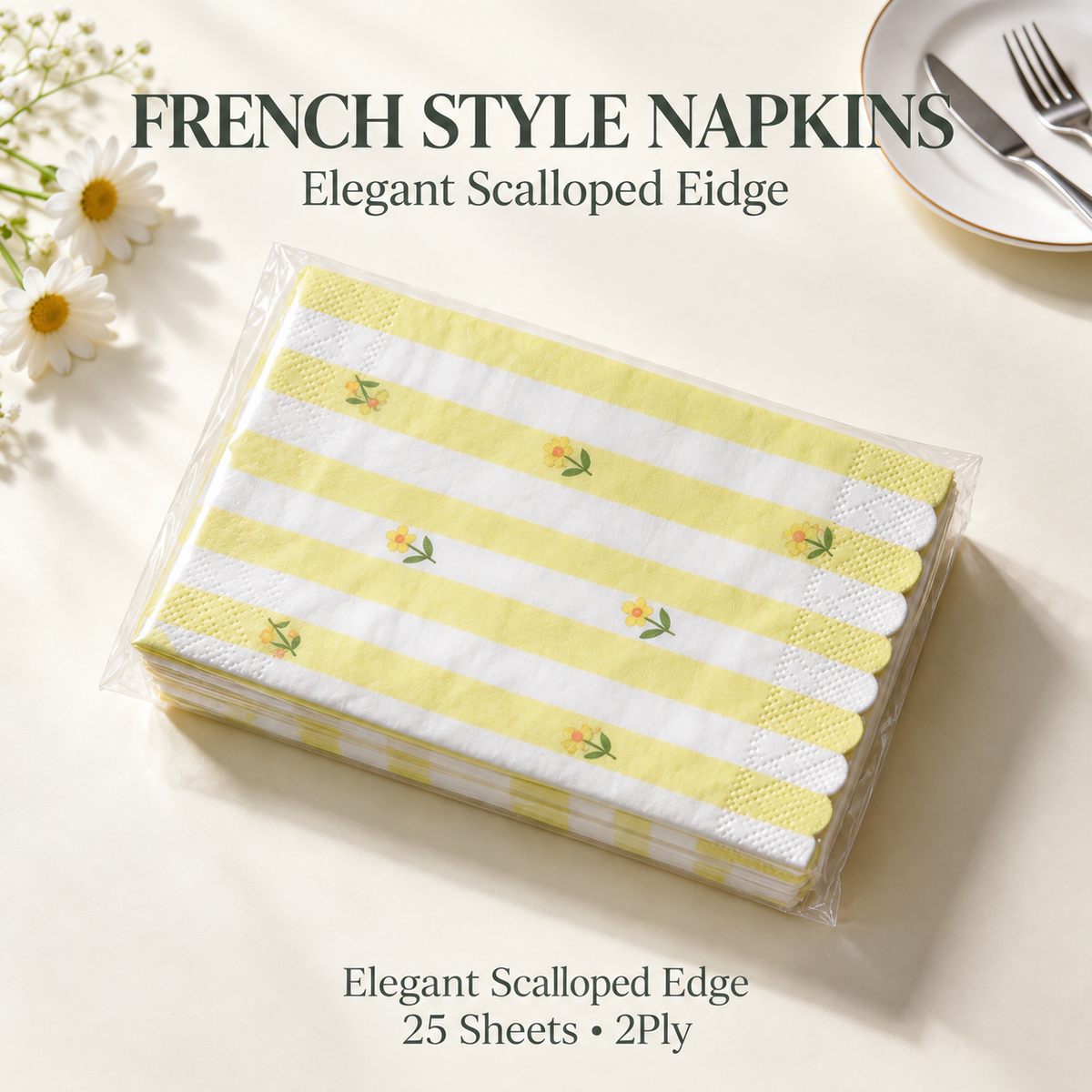 French style yellow floral scalloped paper napkins